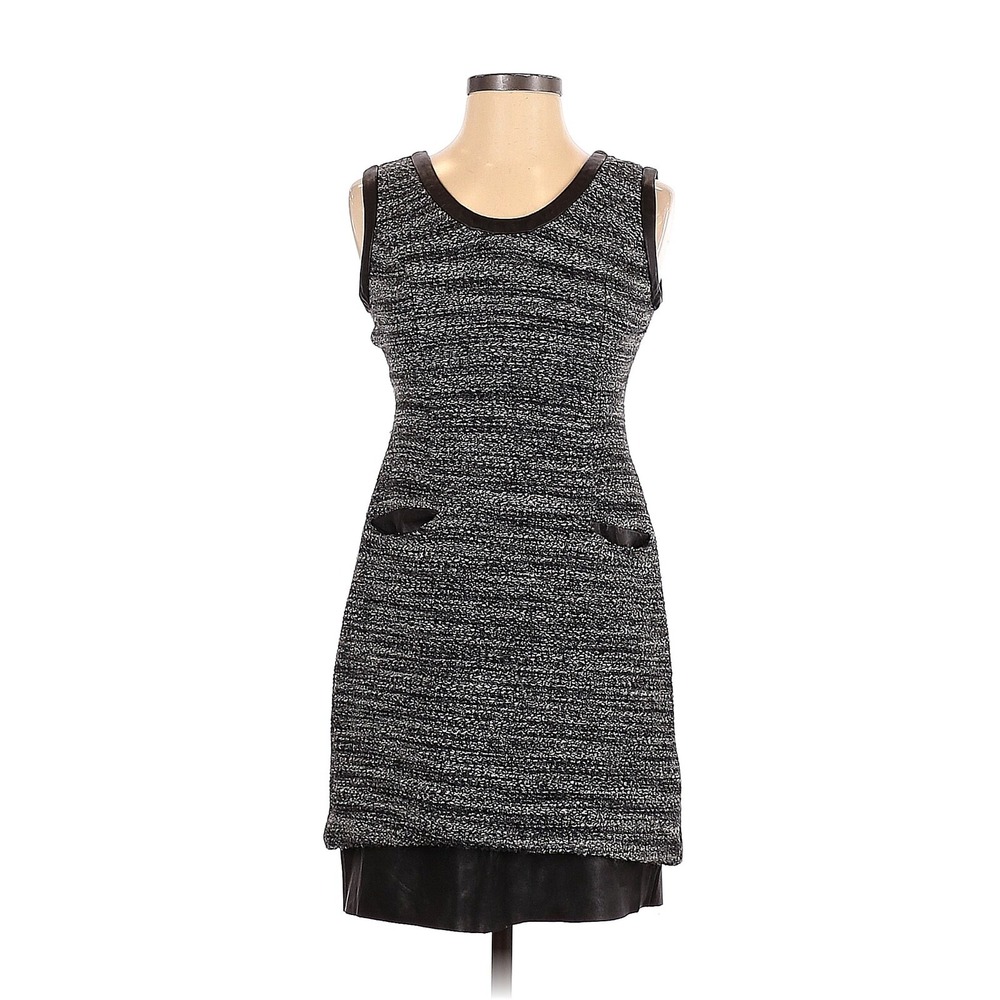 Tracy Reese Dress Sz 4 Leather Edged Sheath Gray Black Tweed Sleeveless NEW